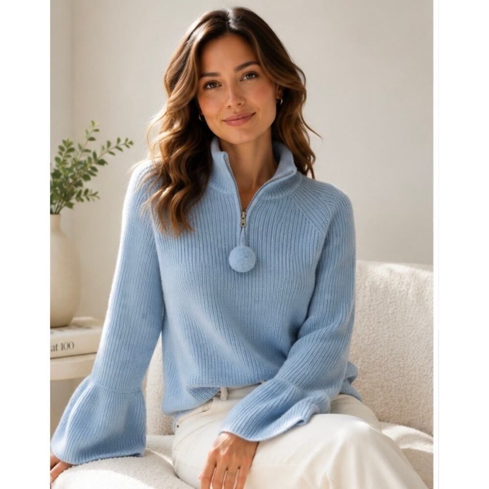 NWT Naked Cashmere Blue 100% Cashmere Bell Sleeve Half Zip Sweater